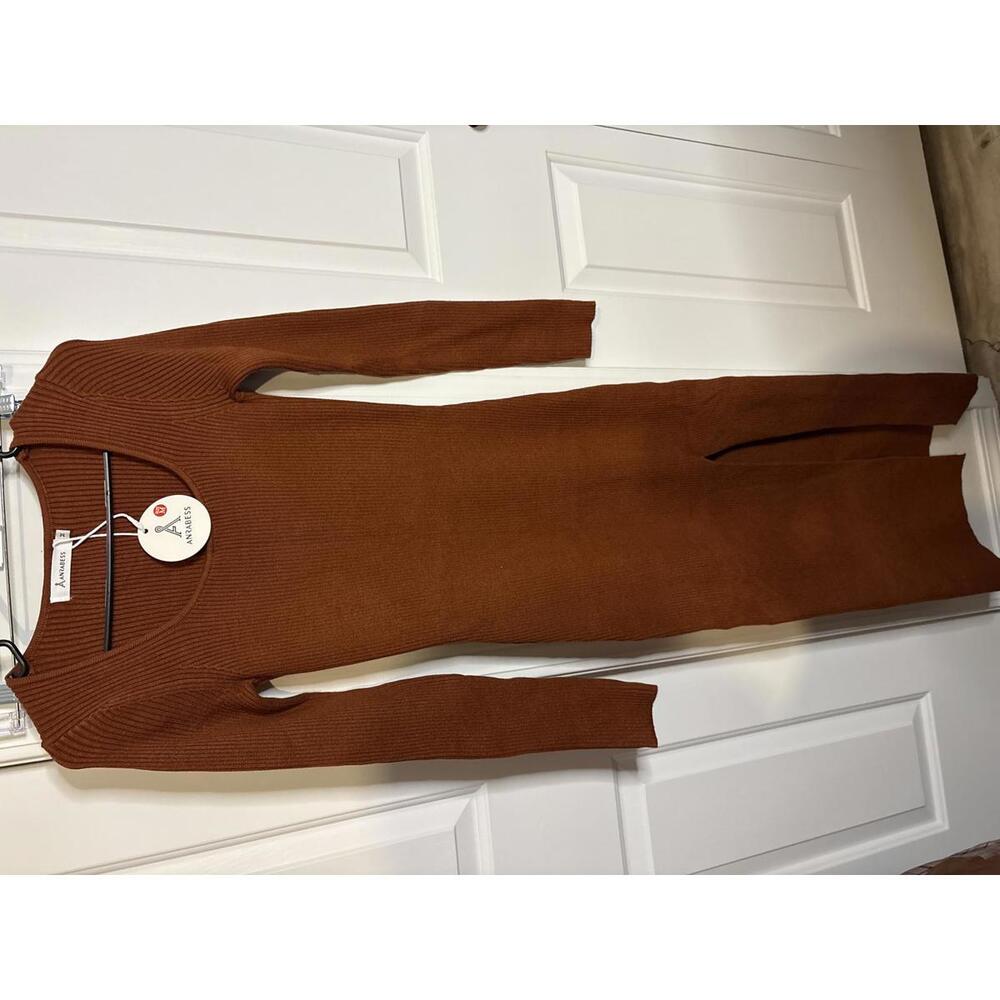 Anrabess Ribbed Long Sleeve Midi Dress in Rust Brown Size M 442